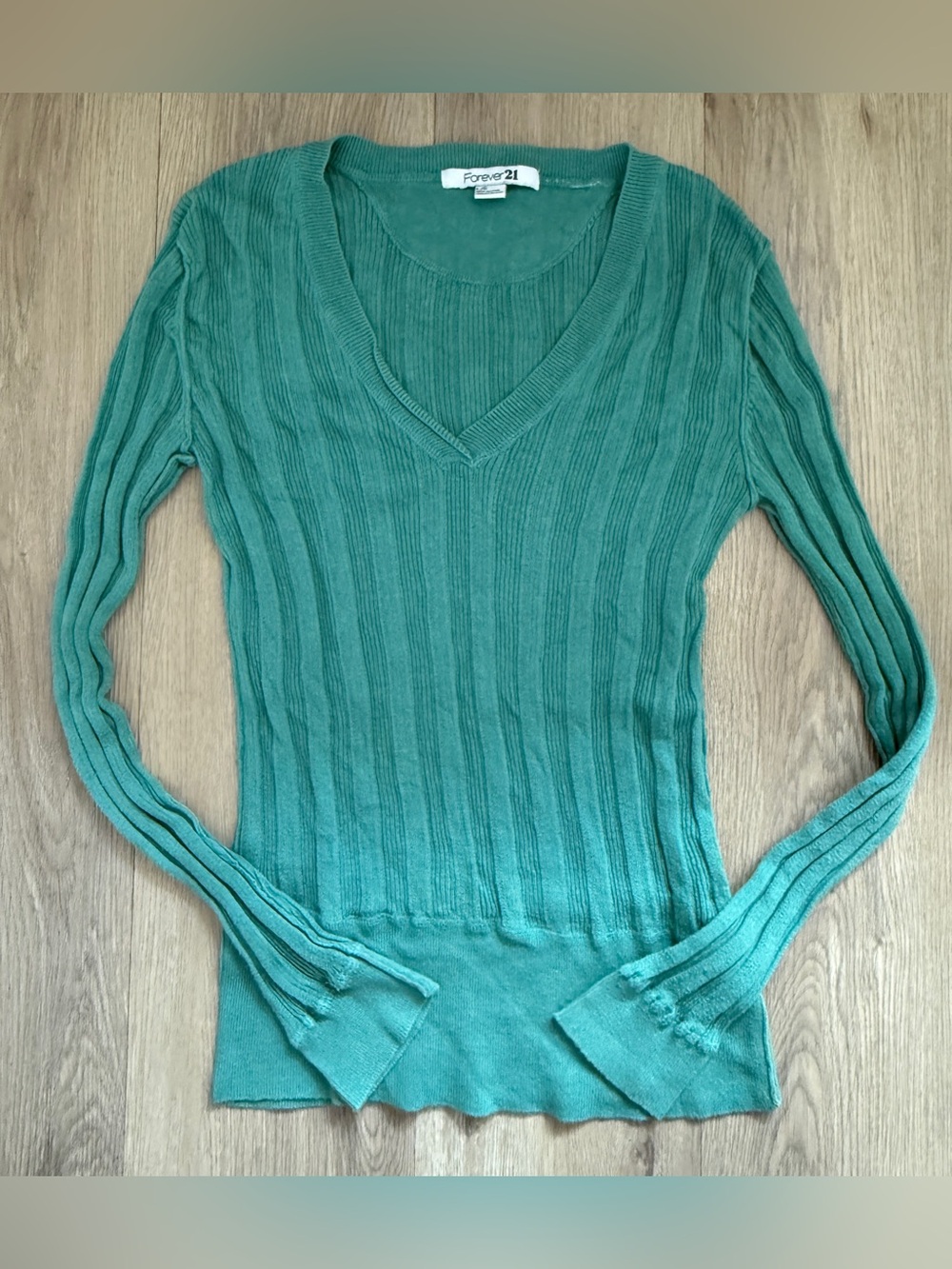 Vtg Forever 21 Turquoise Green V-Neck Rib-Knit Lightweight Sweater Long Sleeve L